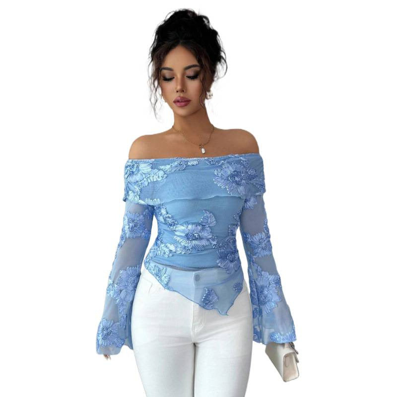 Damen Elegantem Oberteil mit Schulterfreiem Design und Blumenmuster EB