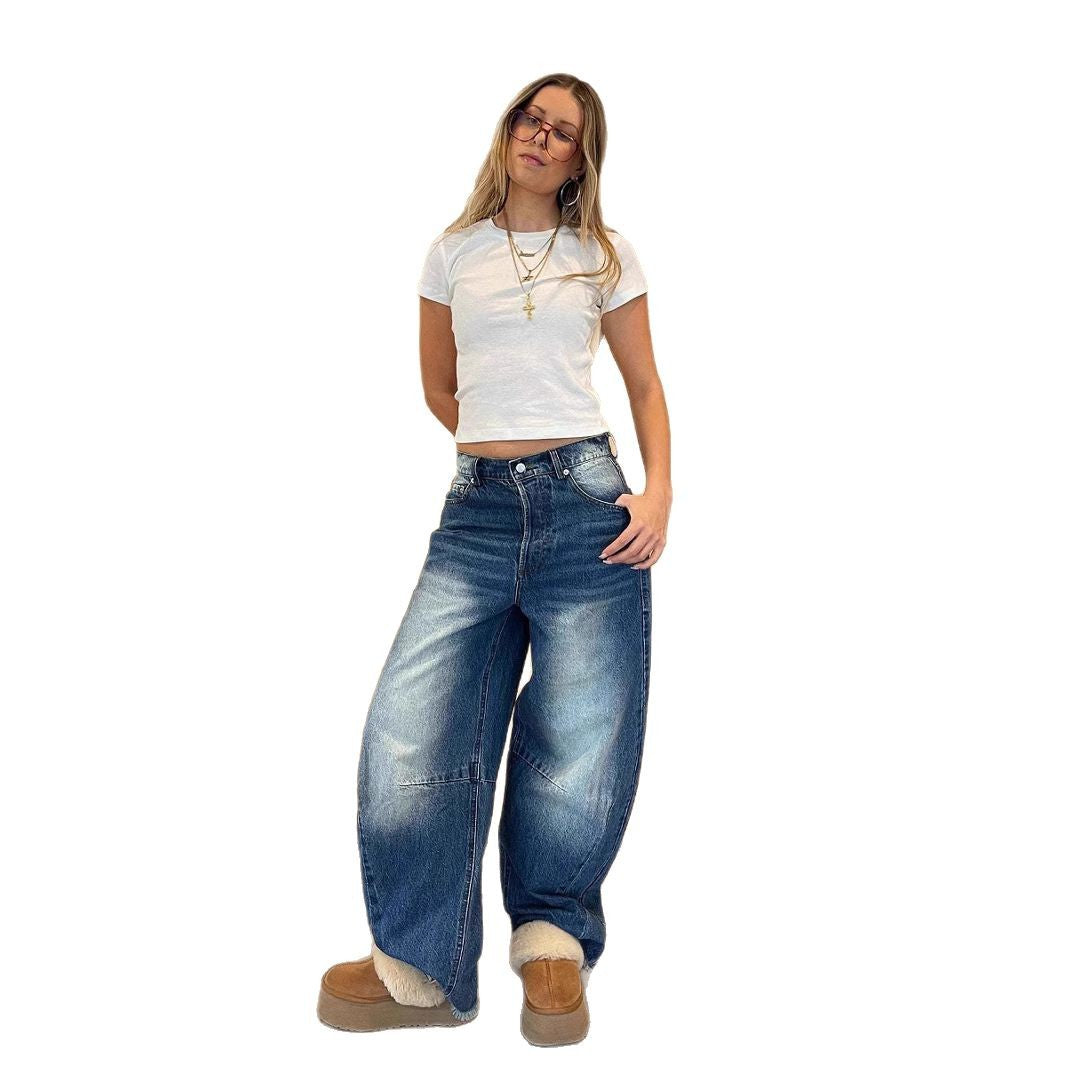 Damen nan weite Baggy-Jeans mit tiefer Schrittnaht, markanten Knieabnähern und verstärktem Five‑Pocket‑Schnitt EB