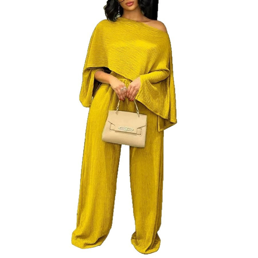 Damen Zweiteiliges Strukturiertes Loungewear‑Set mit Cropped‑Capeoberteil und Maxirock mit Seitenschlitz EB