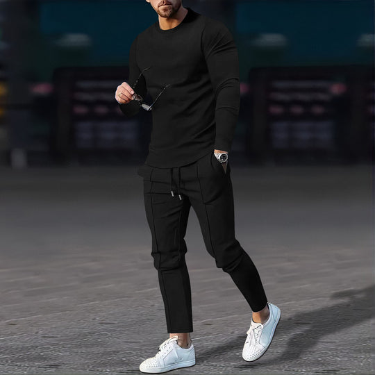 Herren nan modernes Lounge-Set aus feinem Stretchjersey mit Rundhals-Longsleeve und tapered Cargo-Jogger EB