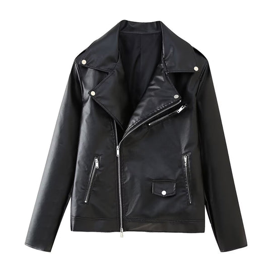 Damen Kunstleder Bikerjacke mit asymmetrischem Reißverschluss und dekorativen Zipperdetails EB