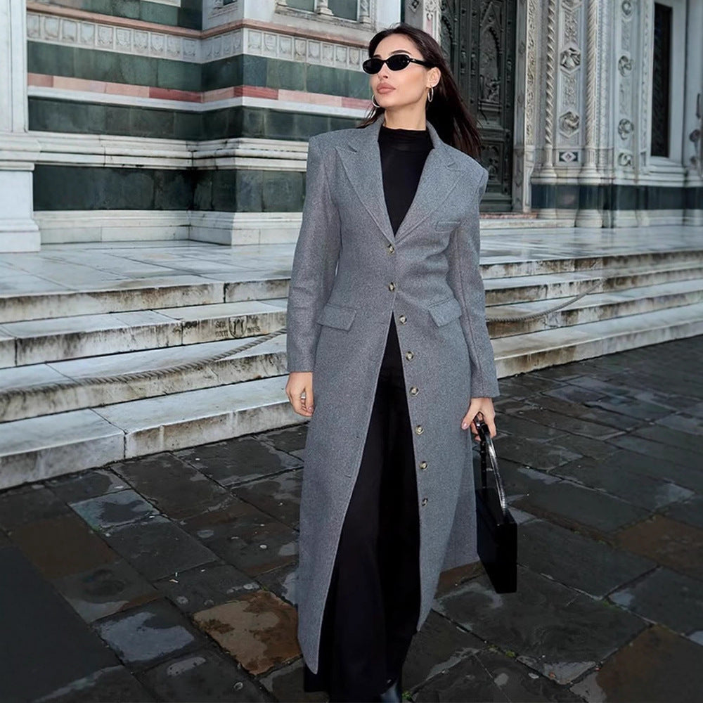 Damen eleganter Wollmantel mit strukturiertem Design und praktischen Taschen EB