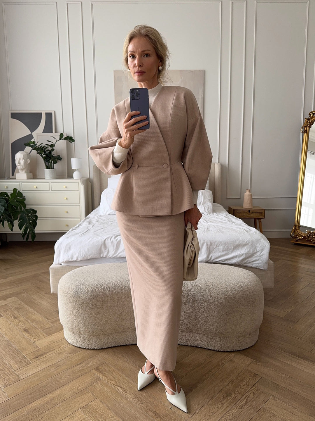 Damen Elegantes Bleistiftkleid mit schickem Blazer-Oberteil und Puffärmeln EB
