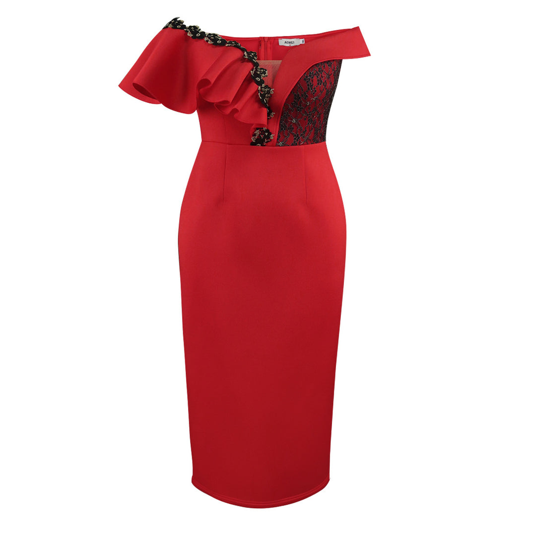 Damen Elegantes Figurbetontes Kleid mit asymmetrischem Design und Rüschendetails EB
