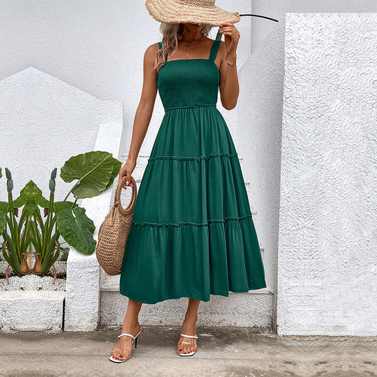 Damen Midikleid mit elastischem Oberteil und fließendem Rock EB