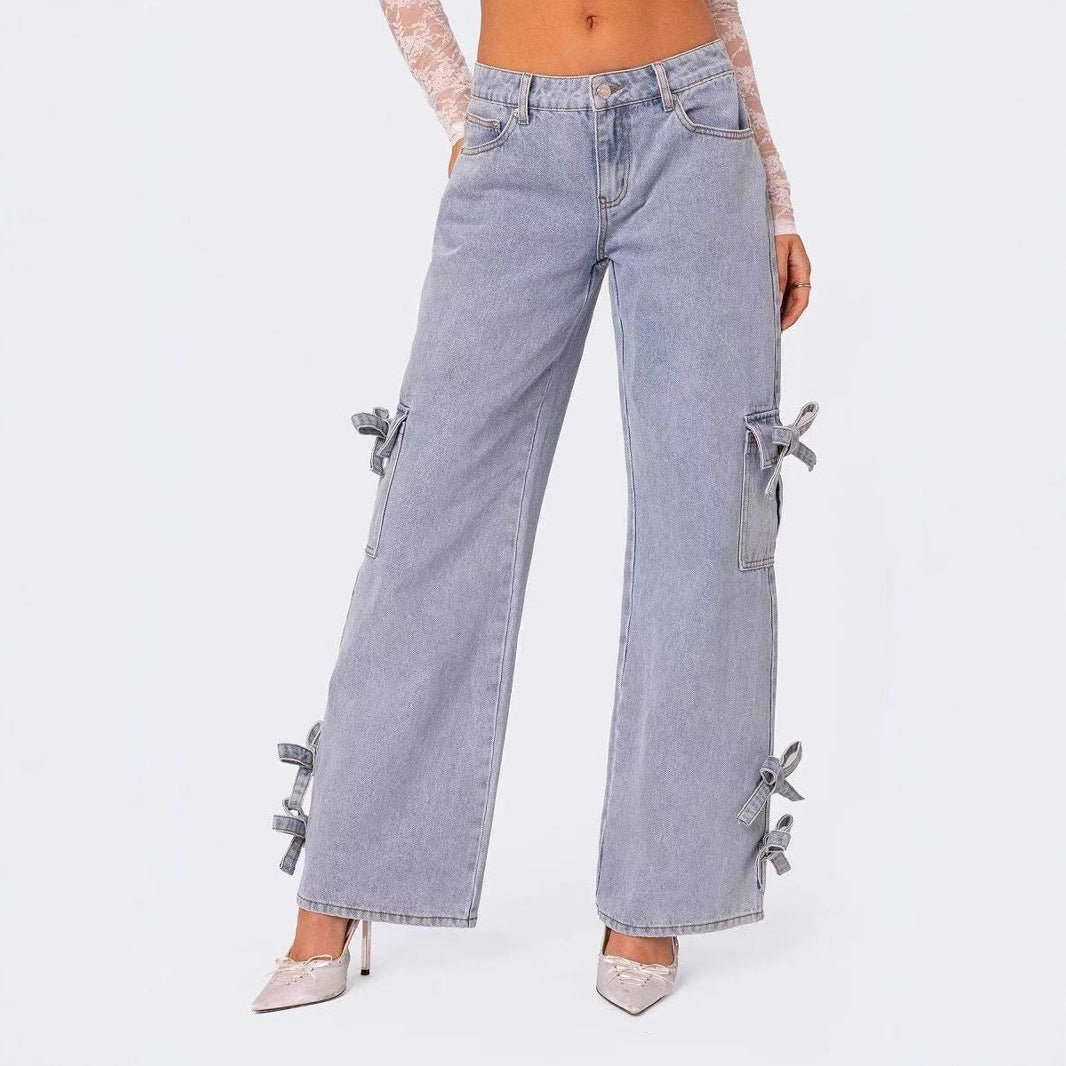 Damen lässige Cargo-Jeans mit stylischem Schleifen-Detail EB