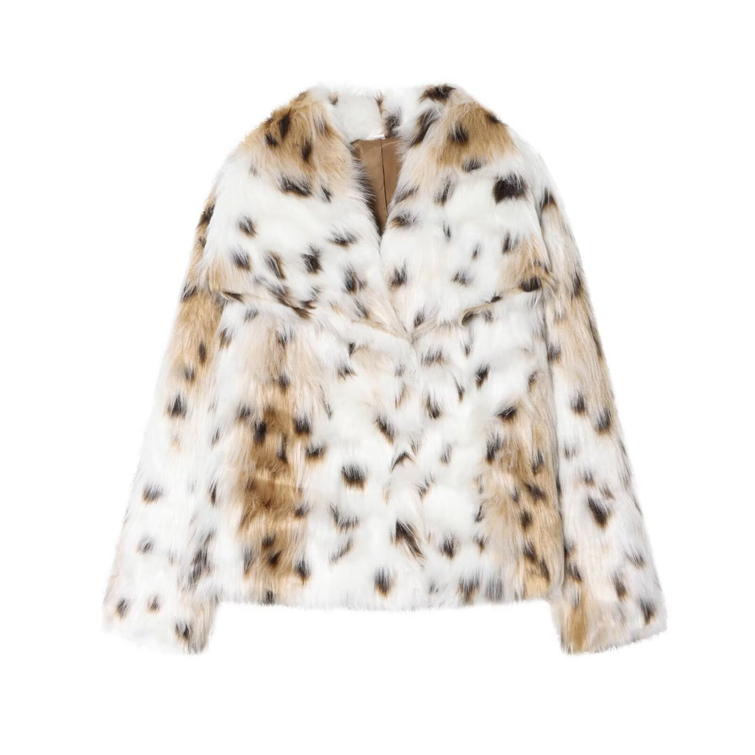 Damen nan kurze Kunstfelljacke mit Wildmuster, V-Ausschnitt und taillierter Silhouette EB