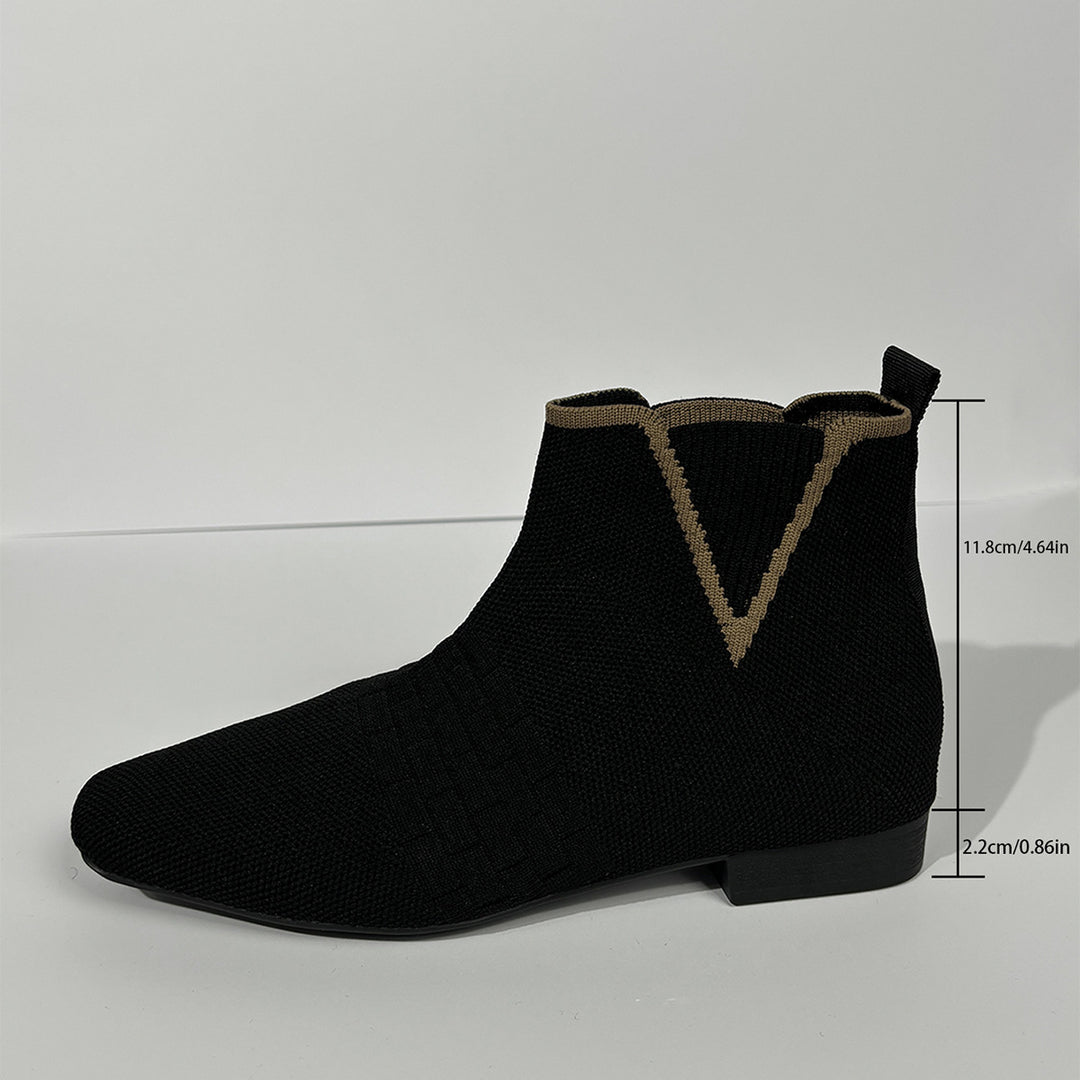 Damen nan gestrickte Sock-Stiefelette mit elastischem V-Einsatz, Zugschlaufe und flachem Blockabsatz EB