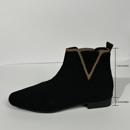 Damen nan gestrickte Sock-Stiefelette mit elastischem V-Einsatz, Zugschlaufe und flachem Blockabsatz EB