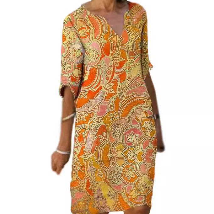 Damen Freizeitleichtkleid mit elegantem V-Ausschnitt und buntem Muster EB