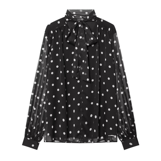 Damen transparente Bluse mit Schleifenkragen im Polka-Dot-Design EB