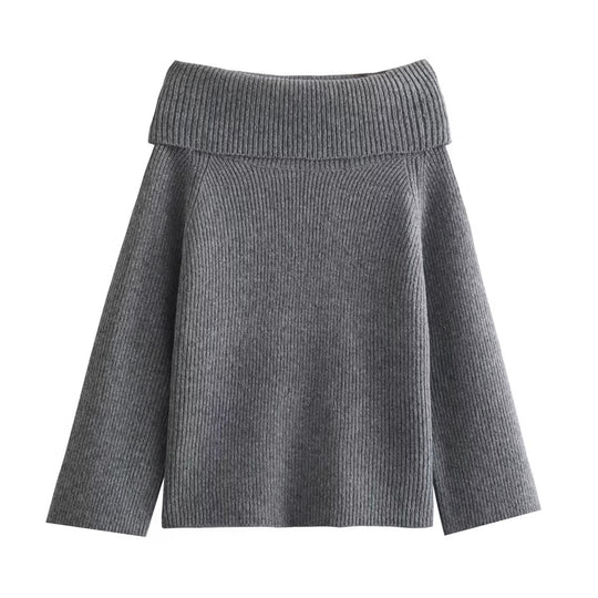 Damen eleganter, hochgeschlossener Strickpullover mit weitem Kragen EB