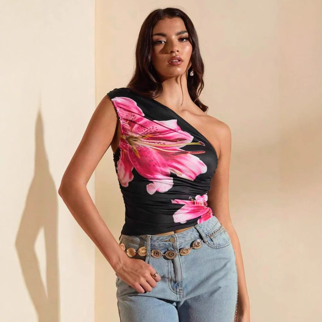 Damen Crop-Top mit asymmetrischem Ausschnitt und floralen Akzenten EB