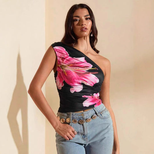 Damen Crop-Top mit asymmetrischem Ausschnitt und floralen Akzenten EB