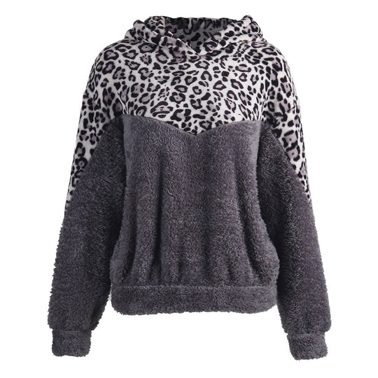 Damen Gemütlicher Teddy-Pullover mit Kapuze und Leopardenmuster EB