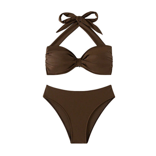 Damen Bandeau-Bikini mit dekorativem Knoten und hoher Taille EB