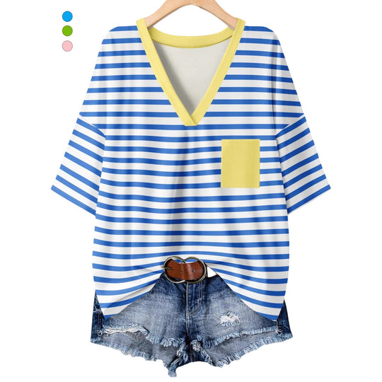 Damen lässiges V-Neck T-Shirt mit Streifen-Design EB