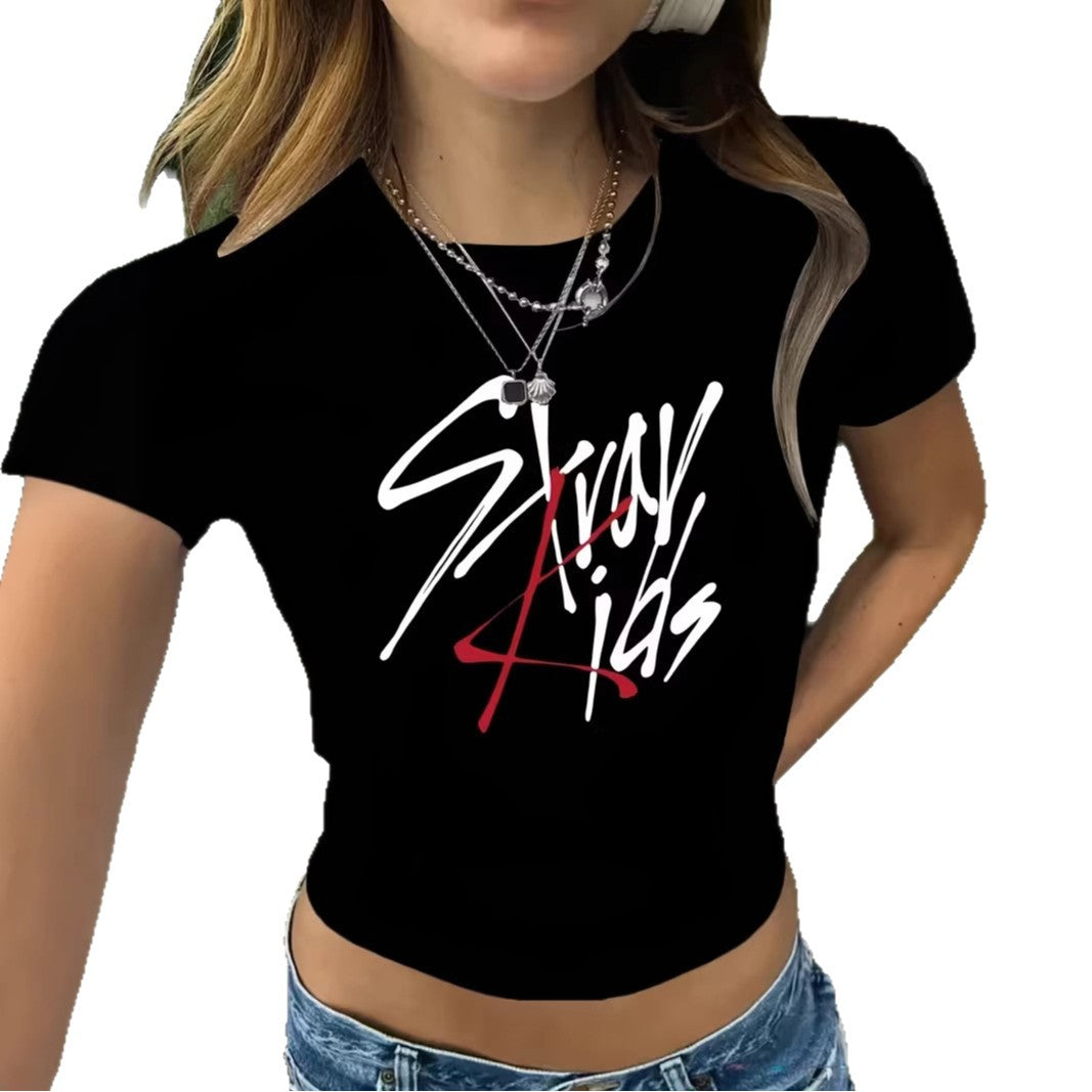 Damen Crop-T-Shirt mit kreativem Schriftzug und figurbetontem Schnitt EB
