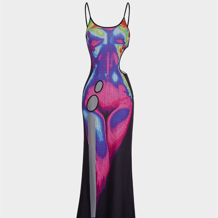 Damen Maxi-Kleid mit kreativen Cut-Out-Details und farbenfrohem Grafikdruck EB