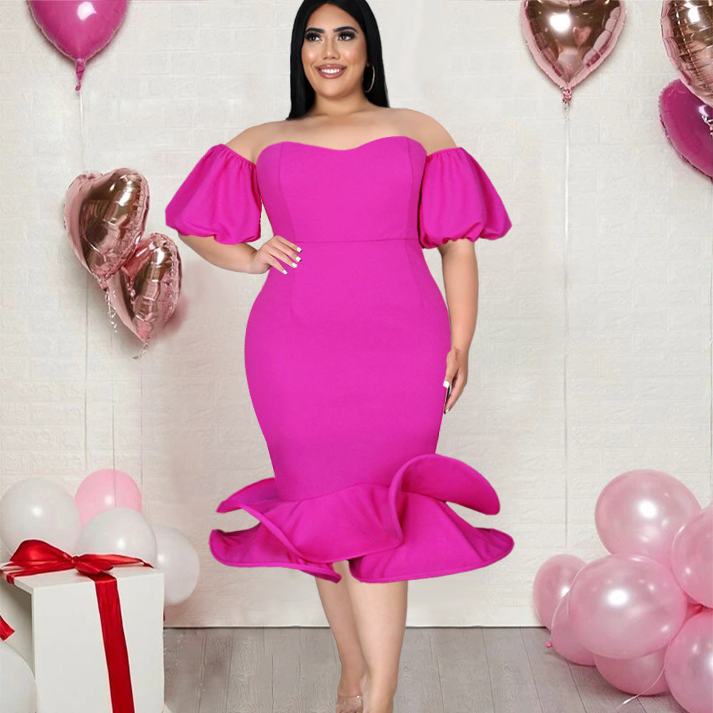 Damen Figurbetontes Kleid mit schulterfreien Puffärmeln und voluminösem Saum EB