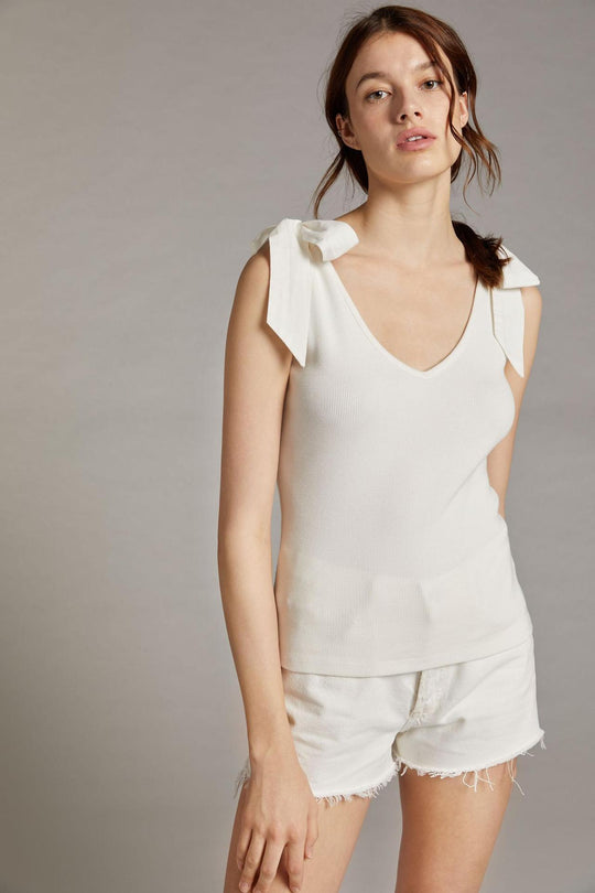 Damen Top mit trendigen Bindeschleifen und Rippstruktur EB