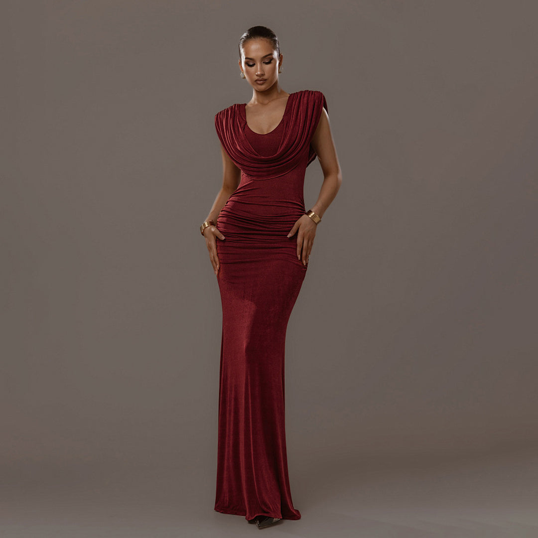 Damen Elegantes Maxikleid mit tiefem V-Ausschnitt und raffinierten Drapierungen EB
