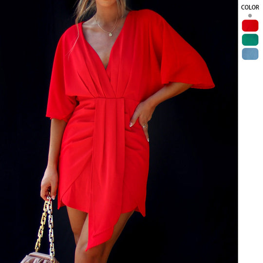Damen Wickelkleid mit V-Ausschnitt und voluminösen Ärmeln EB