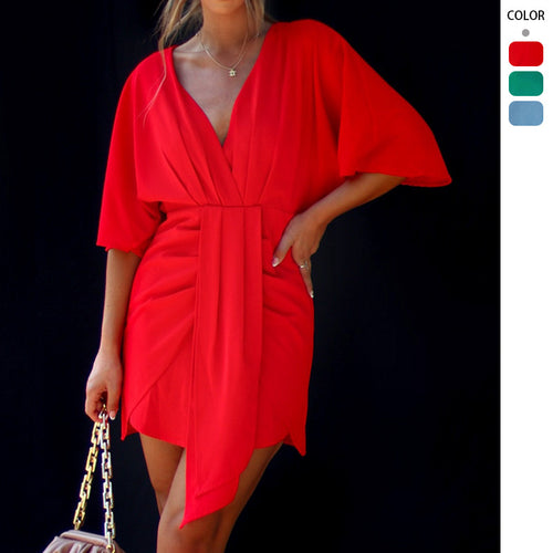 Damen Wickelkleid mit V-Ausschnitt und voluminösen Ärmeln EB