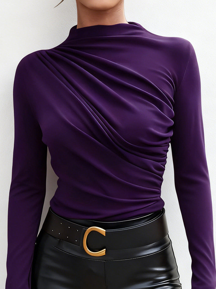 Damen elegantes Langarmshirt mit luxuriösem Drapierungsdesign und schickem Stehkragen EB
