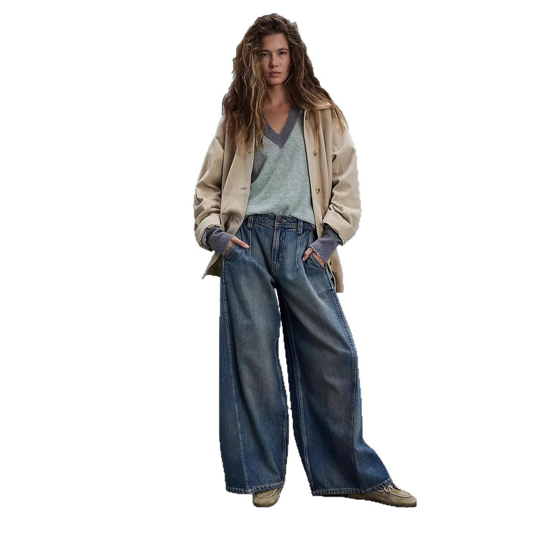 Damen nan extraweite High‑Waist Palazzo-Jeans mit hohem Bund, tiefem Schritt und verwaschener Vintage-Optik EB