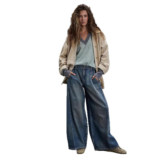 Damen nan extraweite High‑Waist Palazzo-Jeans mit hohem Bund, tiefem Schritt und verwaschener Vintage-Optik EB