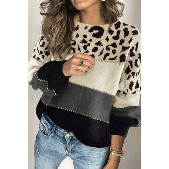 EB | Pullover - Damen Herbst Leopard Patchwork Strickpullover