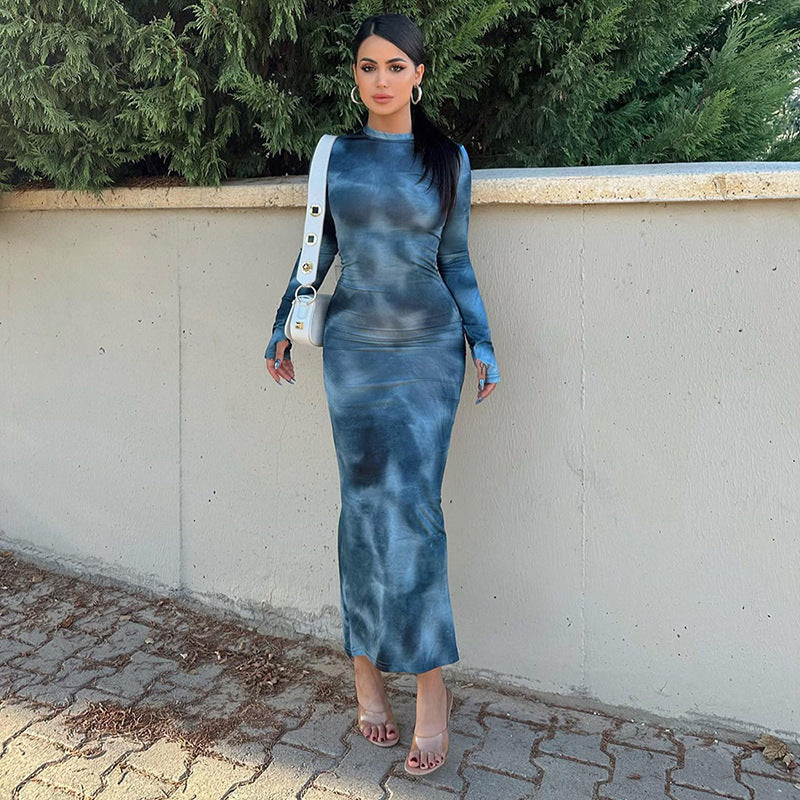 Damen Langärmliges Maxikleid mit modischem Batikdesign EB