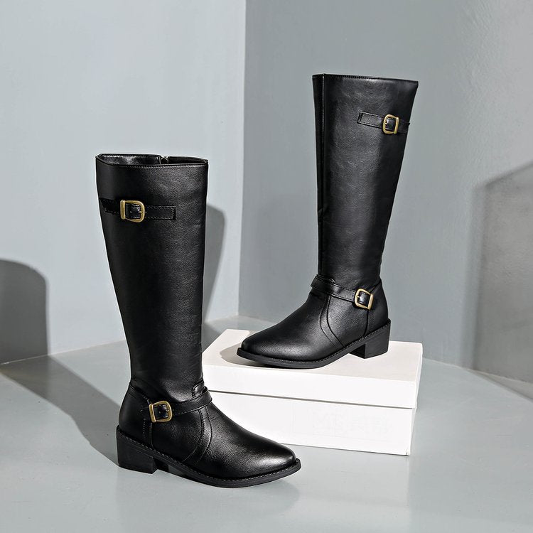 Damen nan kniehohe Reitstiefel mit dekorativen Schnallen und ergonomischem Blockabsatz EB