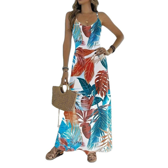 Damen Maxikleid mit tropischem Druck und Trägerdesign EB