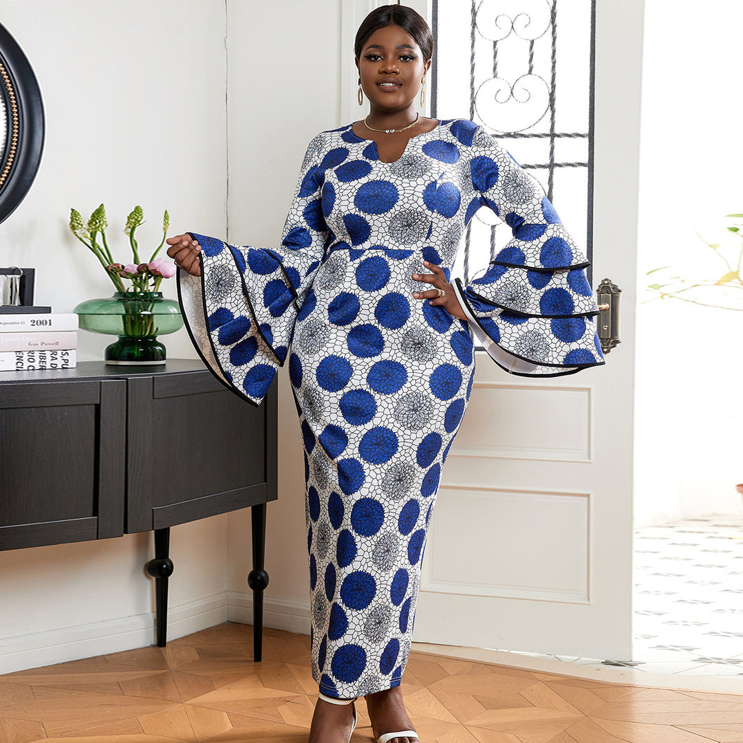 Damen Maxikleid mit eleganten Glockenärmeln und kreativer Punktmusterung EB