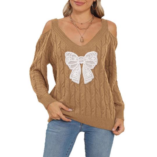 Damen modischer Pullover mit verspielt eingestricktem Schleifenmotiv EB