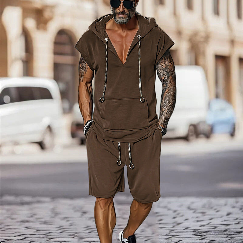 Herren lässiges Freizeit-Set mit stylischem Kapuzen-T-Shirt und Shorts EB