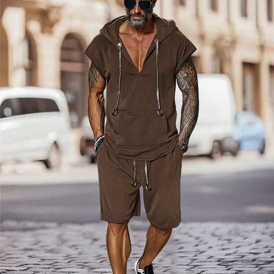 Herren lässiges Freizeit-Set mit stylischem Kapuzen-T-Shirt und Shorts EB