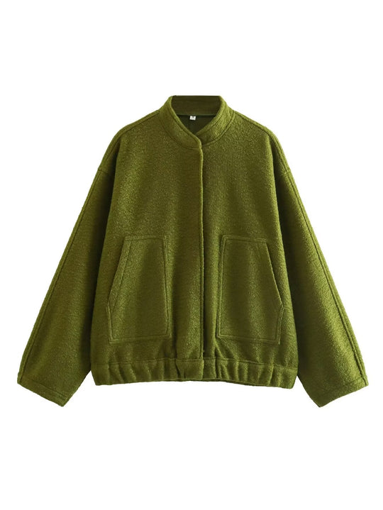 Damen modische Oversized-Jacke mit Stehkragen und seitlichen Taschen EB