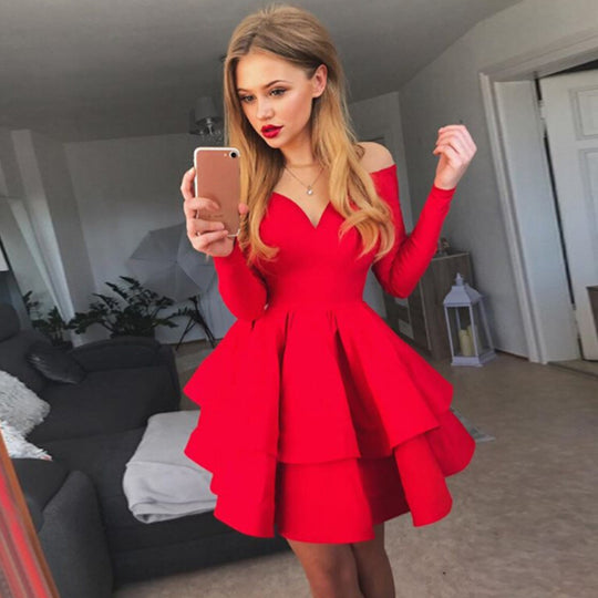 Damen Verspieltes schulterfreies Cocktailkleid mit Volants und tiefem V-Ausschnitt EB