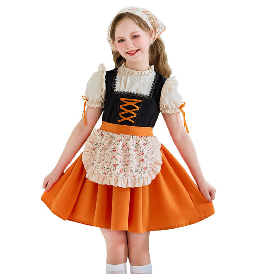 Damen nan traditionelles Kinderdirndl mit Schnürung, Rüschenschürze und Kopftuch EB
