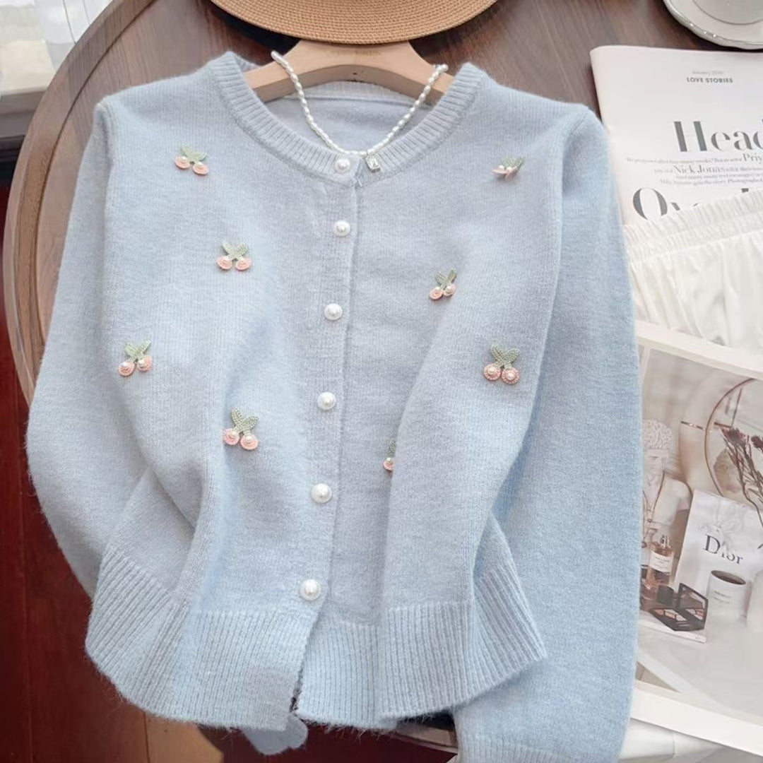 Damen Elegante Strickjacke mit floralen Applikationen EB