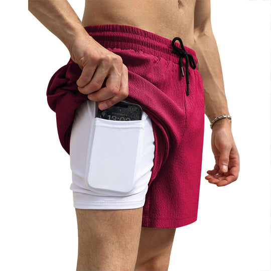 Herren nan zweilagige Schwimmshorts mit innerer Kompressionshose und seitlicher Smartphone-Tasche EB