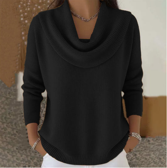Damen nan schimmernder Strickpullover mit Wasserfallkragen, feiner Glitzerstruktur und schmalem Saum EB