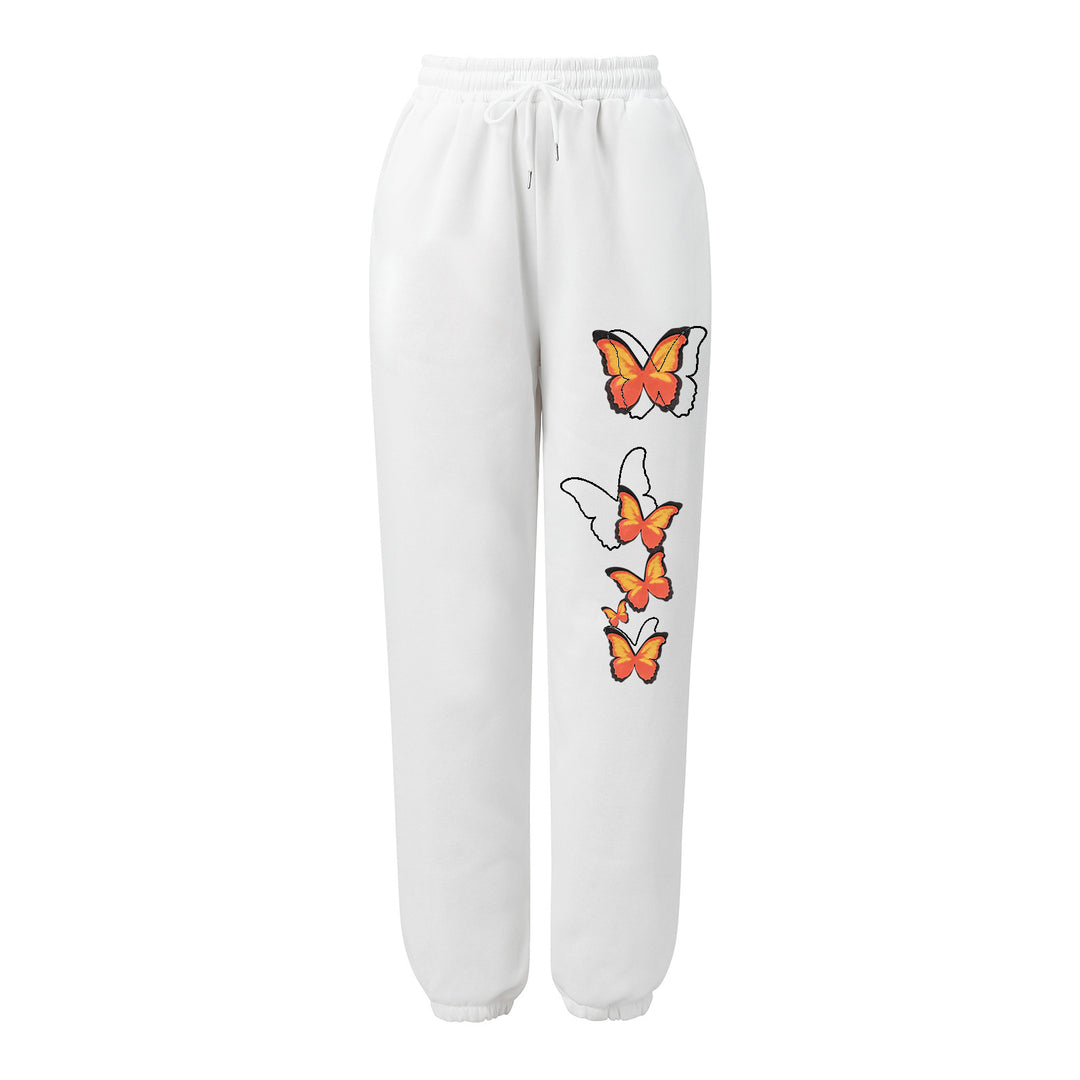 Damen nan hochgeschnittene Sweatpants mit elastischem Bund, Kordelzug, Seitentaschen, elastischen Beinabschlüssen und Schmetterlingsprint EB