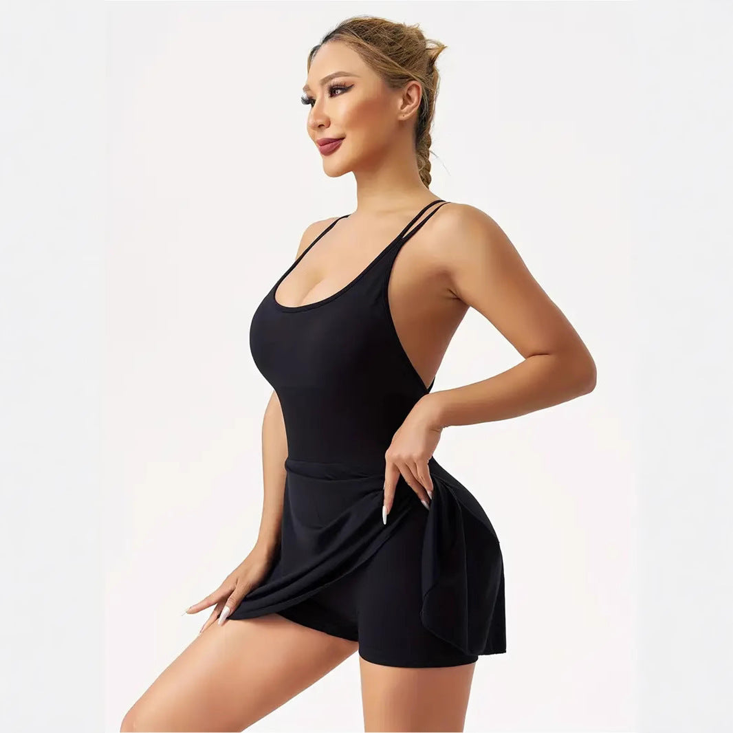 Damen Trägersommerkleid mit körperbetontem Oberteil und fließendem Rock EB