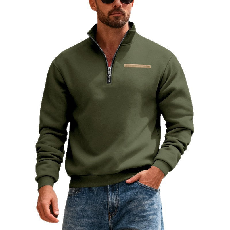Herren nan Sweatshirt mit halbem Reißverschluss, Stehkragen und Brust-Welttasche EB