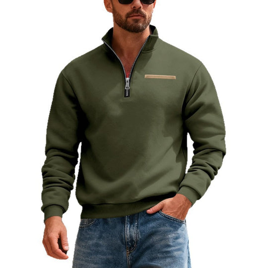 Herren nan Sweatshirt mit halbem Reißverschluss, Stehkragen und Brust-Welttasche EB