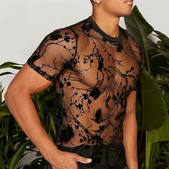 Damen nan transparentes Netz-Oberteil mit floraler Samtstickerei und Rundhalsausschnitt EB